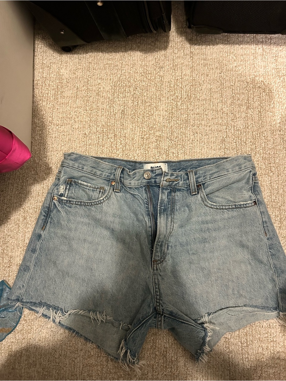 PAIGE Light Blue Distressed Denim Shorts